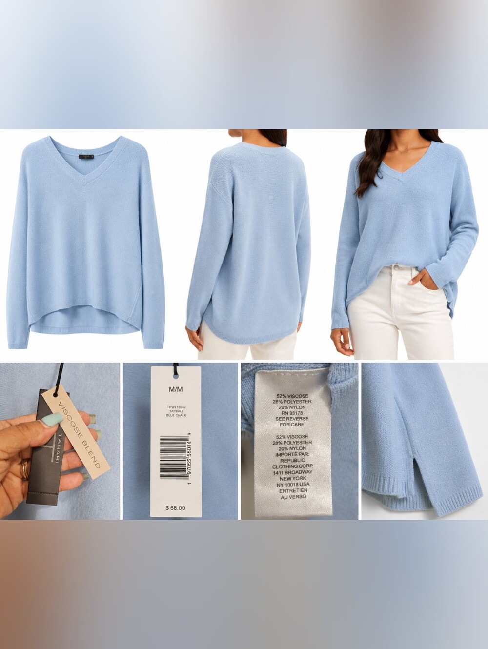Tahari Women’s M Skyfall Blue V-Neck Viscose Blend Sweater NWT.